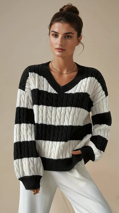 Gestreifte Kabelstrick-Pullover