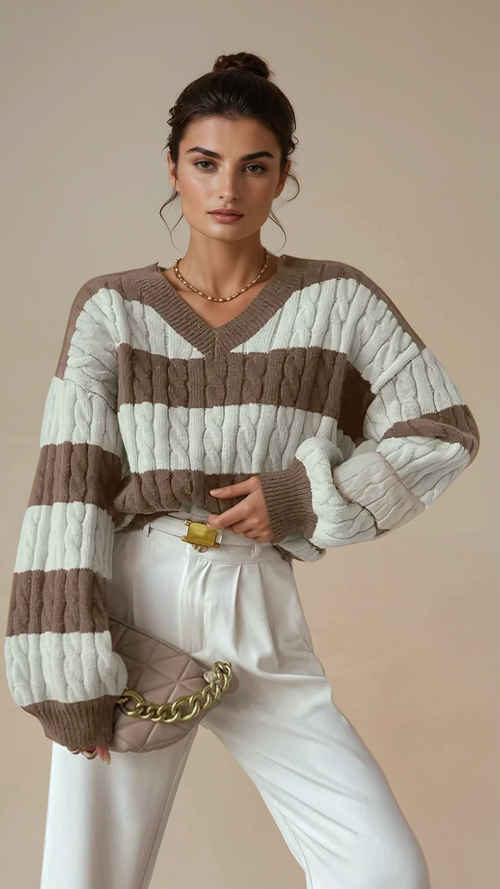 Gestreifte Kabelstrick-Pullover
